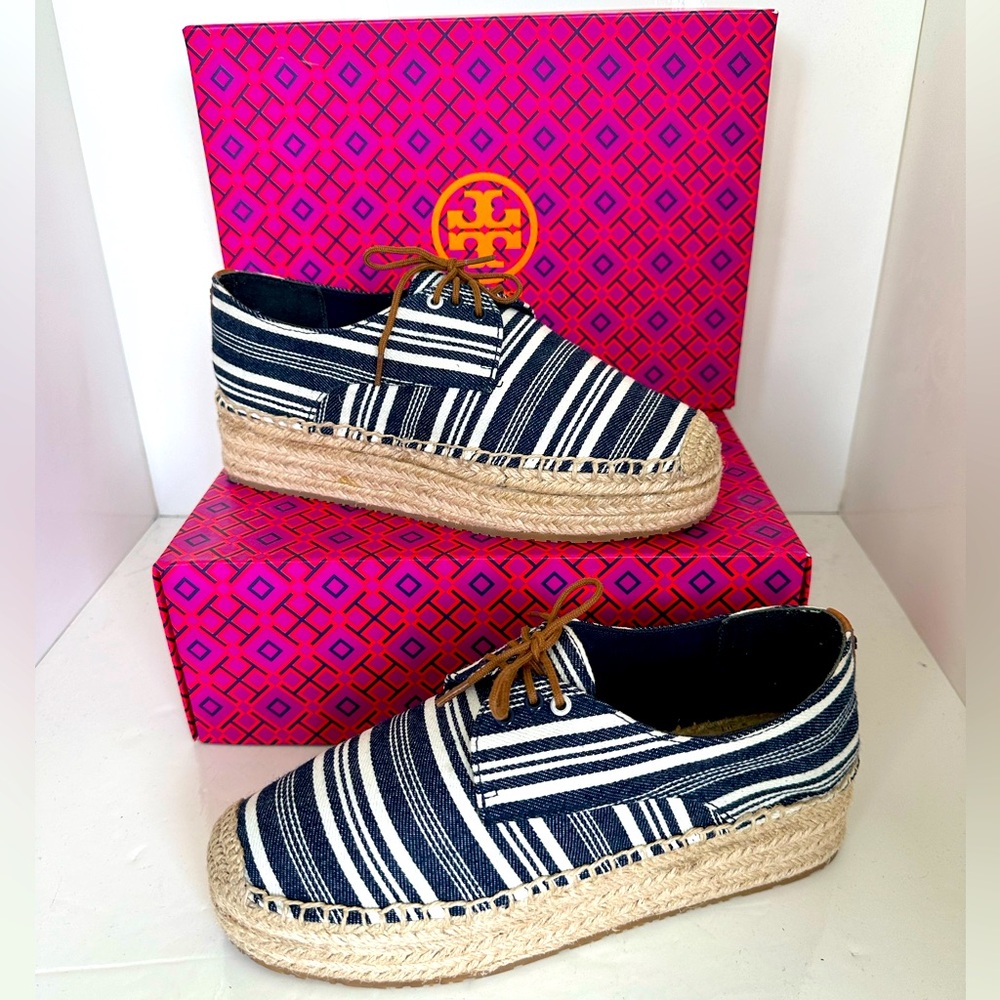 NWOT Tory Burch Lace-Up Espadrilles in Awning Stripe Canvas